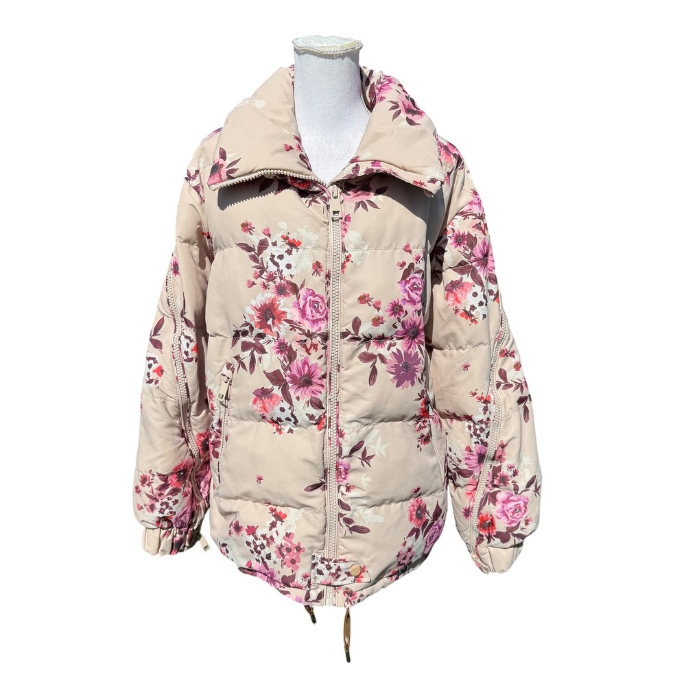 Oof Wear Puffer Coat The Shapes Lab Floral Jacket Beige Pink Funnel Neck M